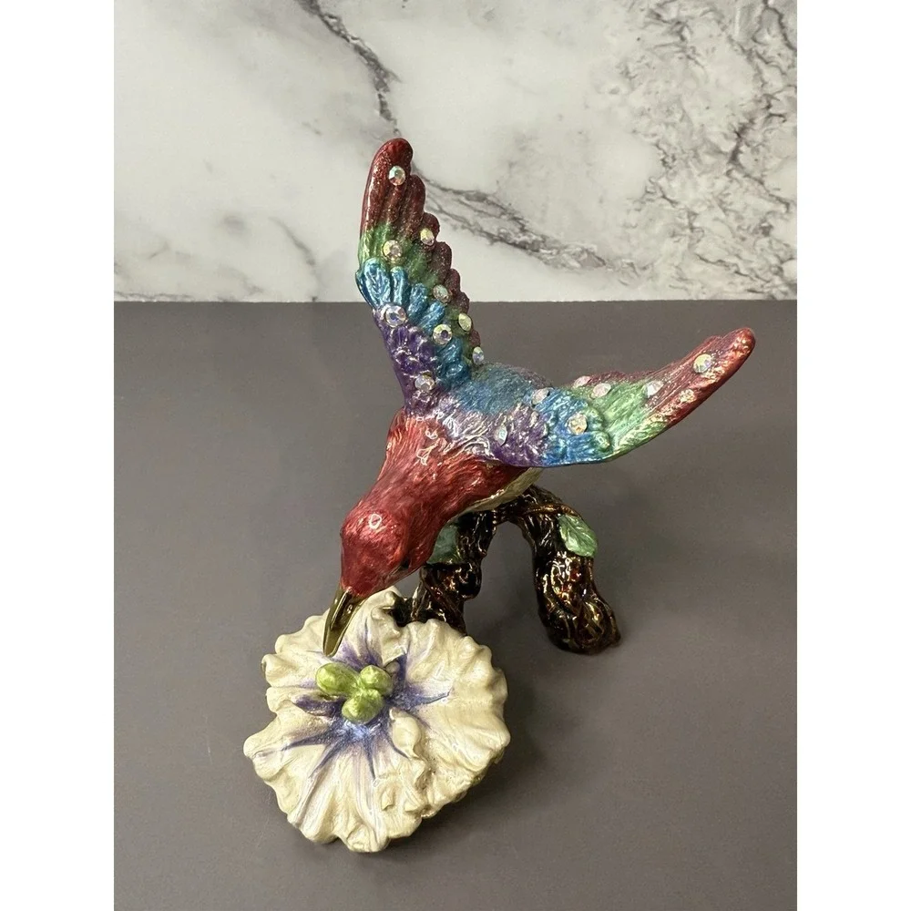 Beautiful Rare Hinged Hummingbird Shiny Jeweled Trinket Box W/Magnetic Clasp